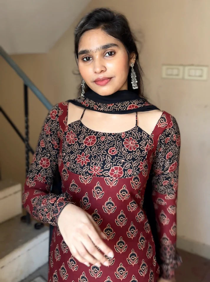 Floral Maroon Cotton Kurti & Dupatta