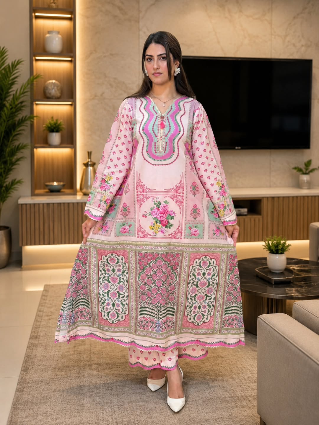Pink Green Peach Long Shirt with Trouser