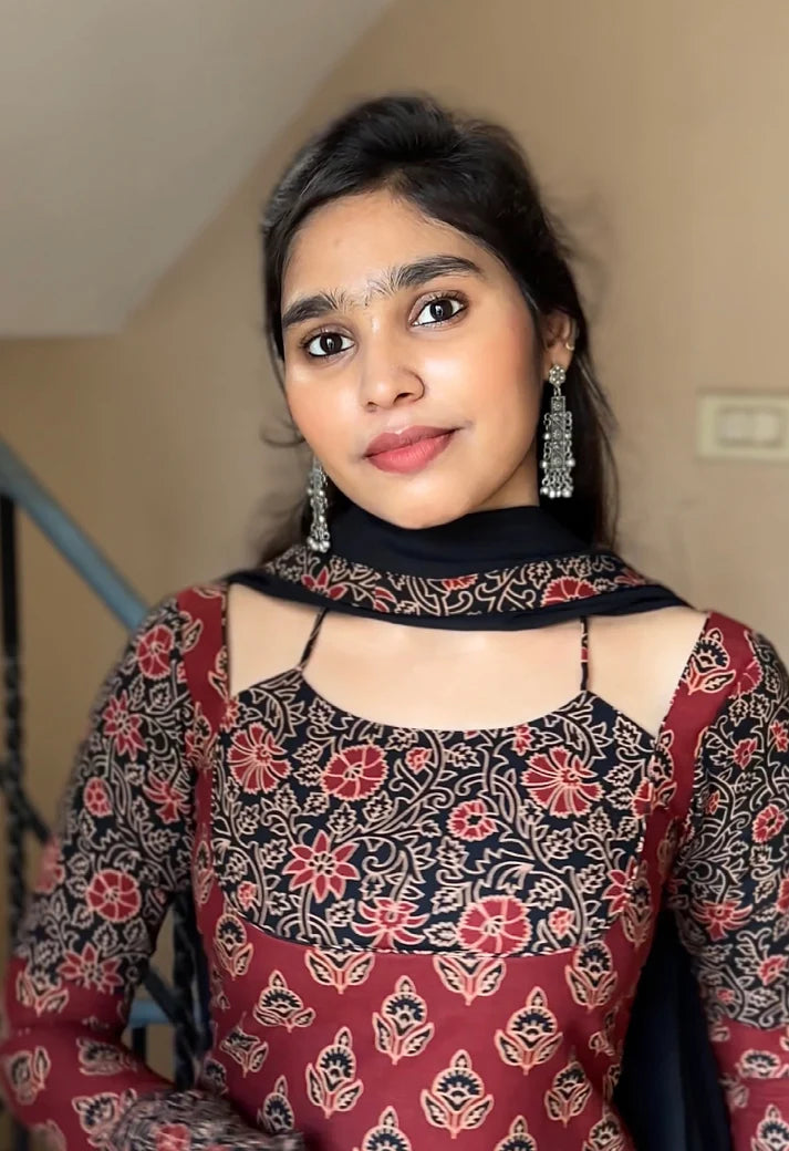 Floral Maroon Cotton Kurti & Dupatta