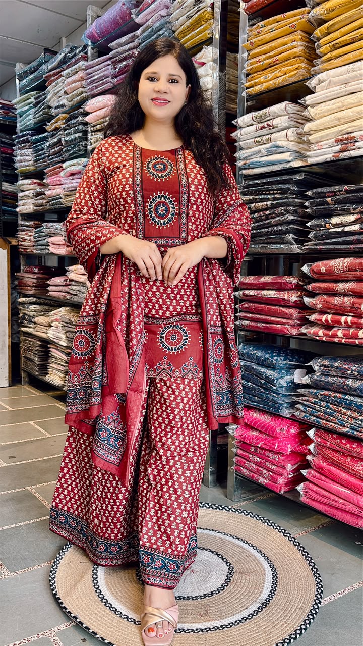Maroon Short Kurti Palazzo Pant & Dupatta Set