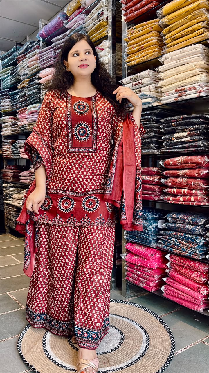 Maroon Short Kurti Palazzo Pant & Dupatta Set