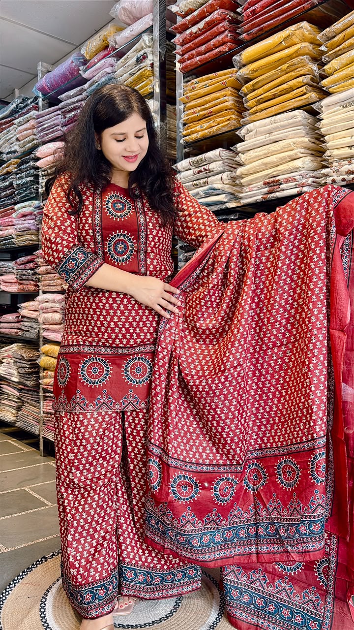 Maroon Short Kurti Palazzo Pant & Dupatta Set