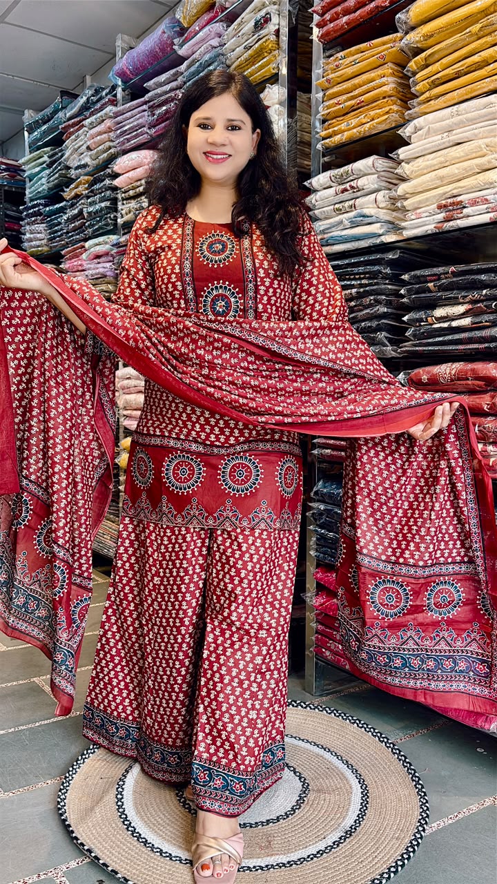 Maroon Short Kurti Palazzo Pant & Dupatta Set