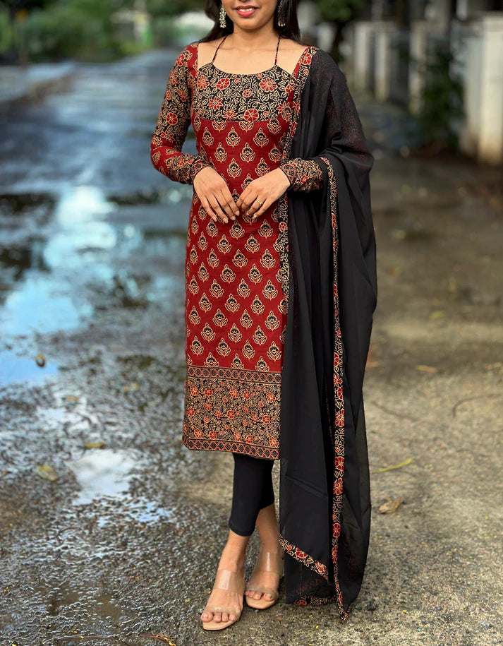 Floral Maroon Cotton Kurti & Dupatta