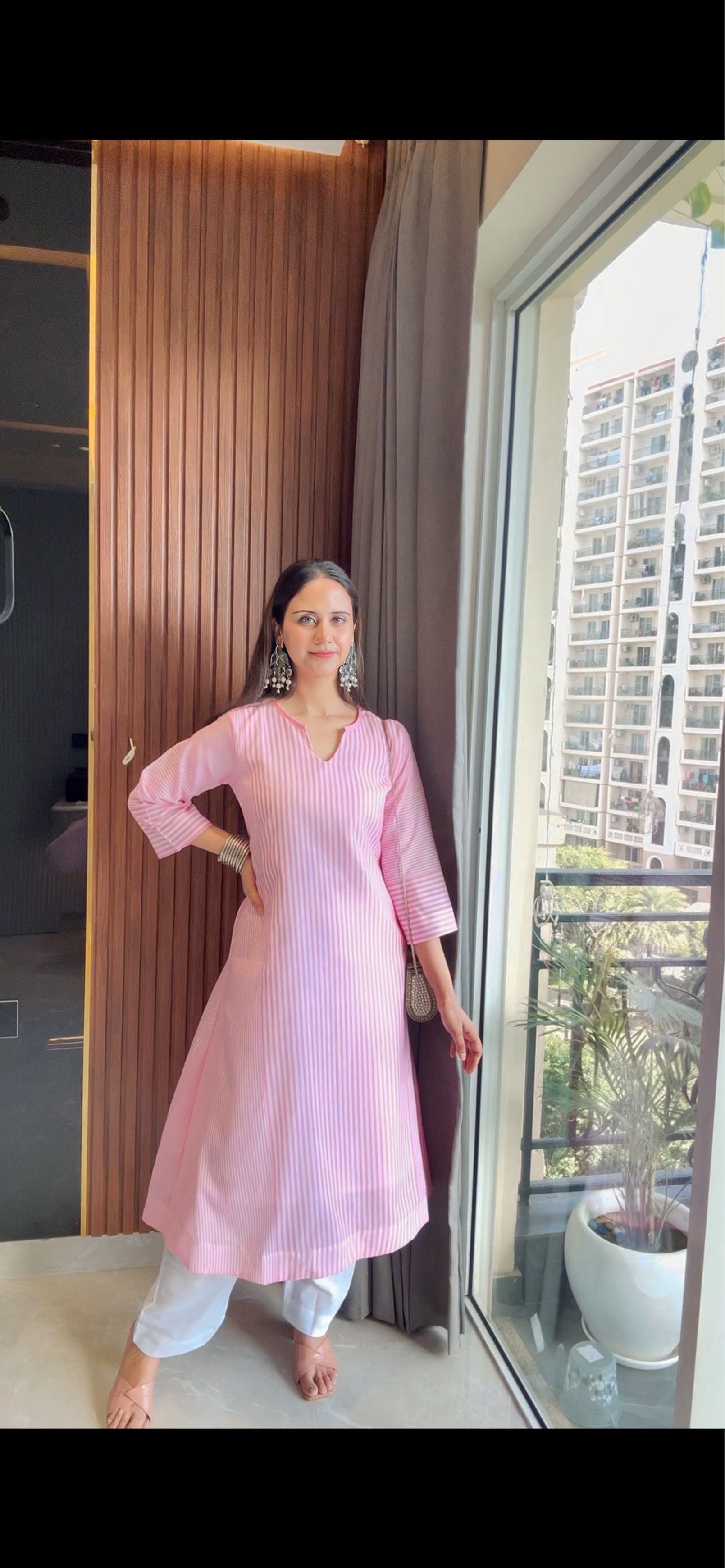 Pastel Pink Striped A-Line Kurta Set