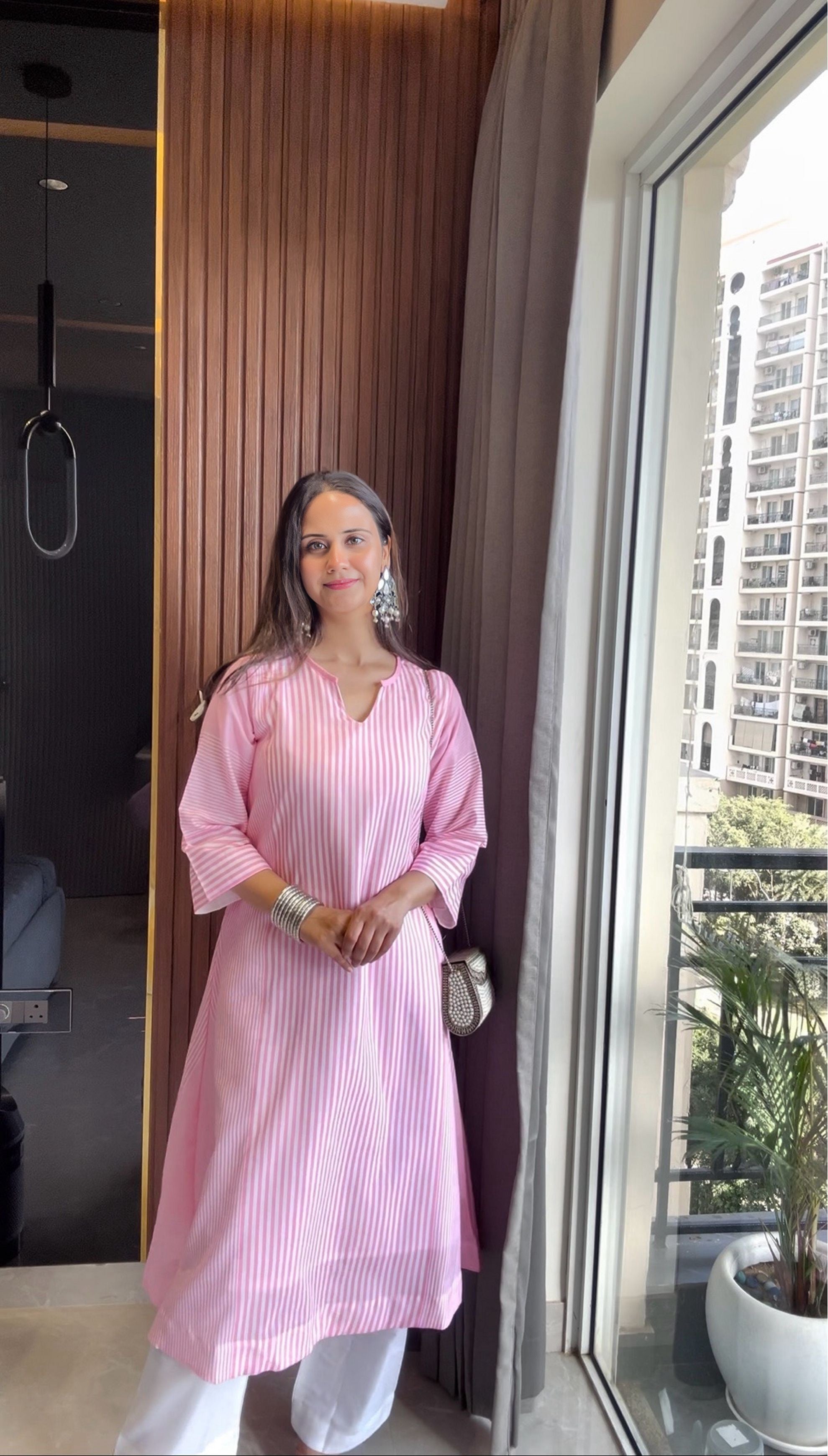 Pastel Pink Striped A-Line Kurta Set