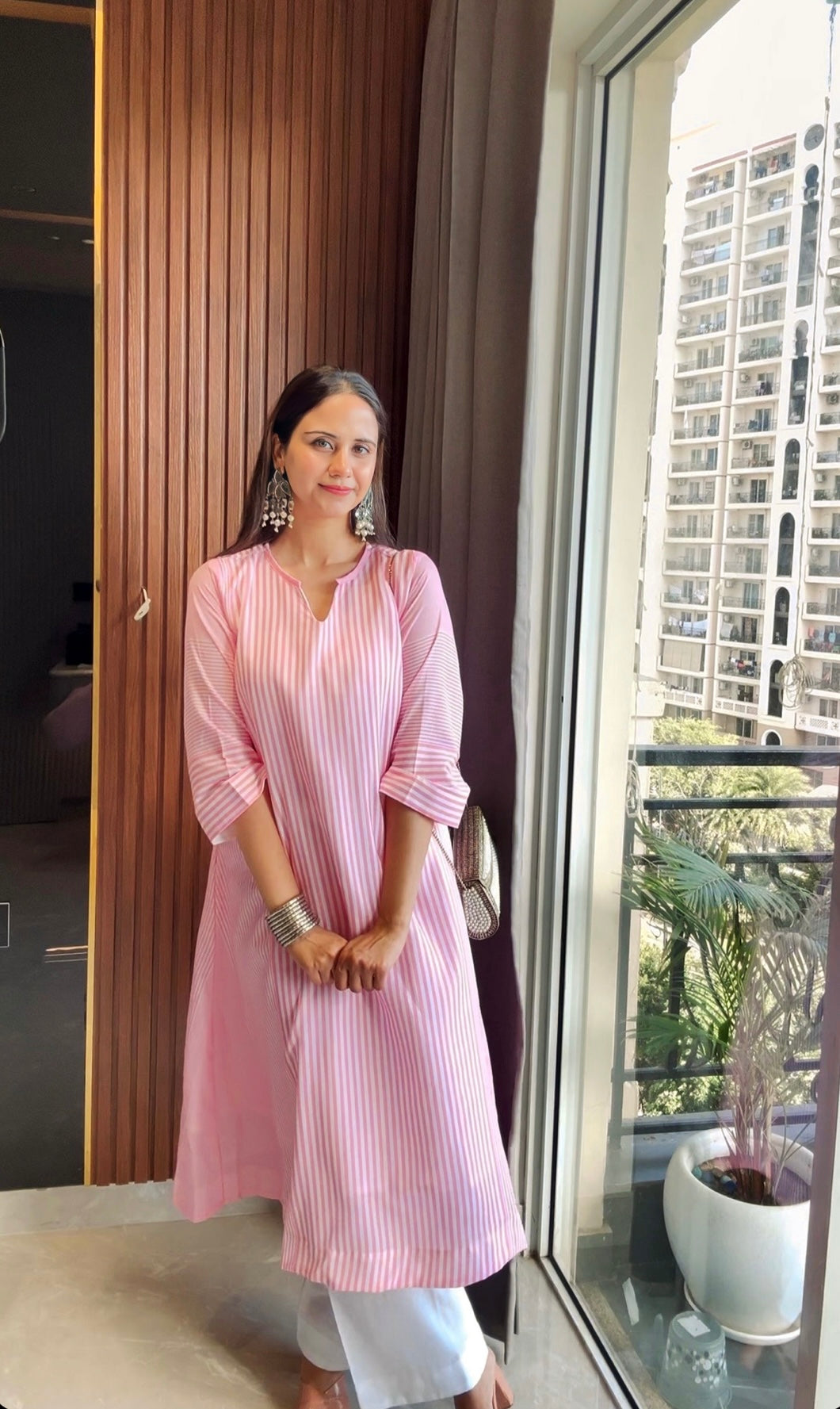 Pastel Pink Striped A-Line Kurta Set