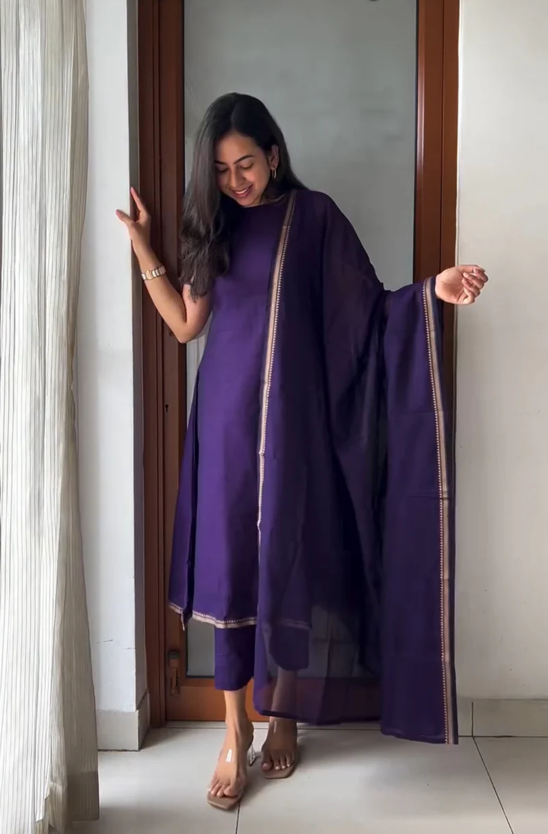 Purple Cotton Kurti Set with Dupatta