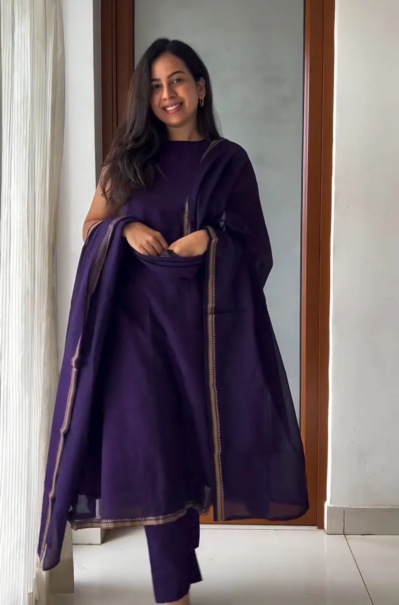 Purple Cotton Kurti Set with Dupatta