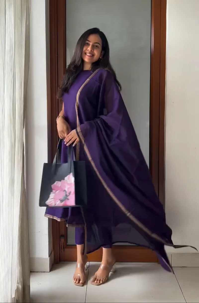 Purple Cotton Kurti Set with Dupatta