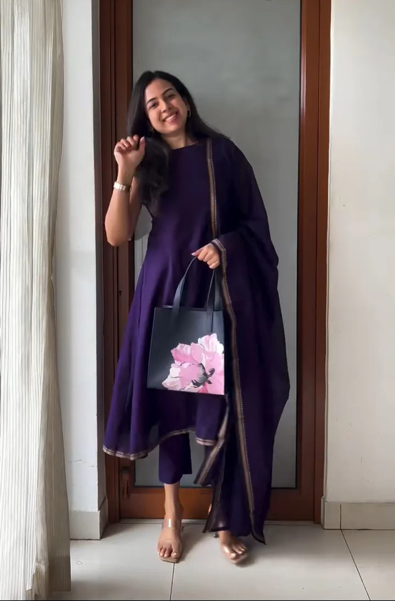 Purple Cotton Kurti Set with Dupatta