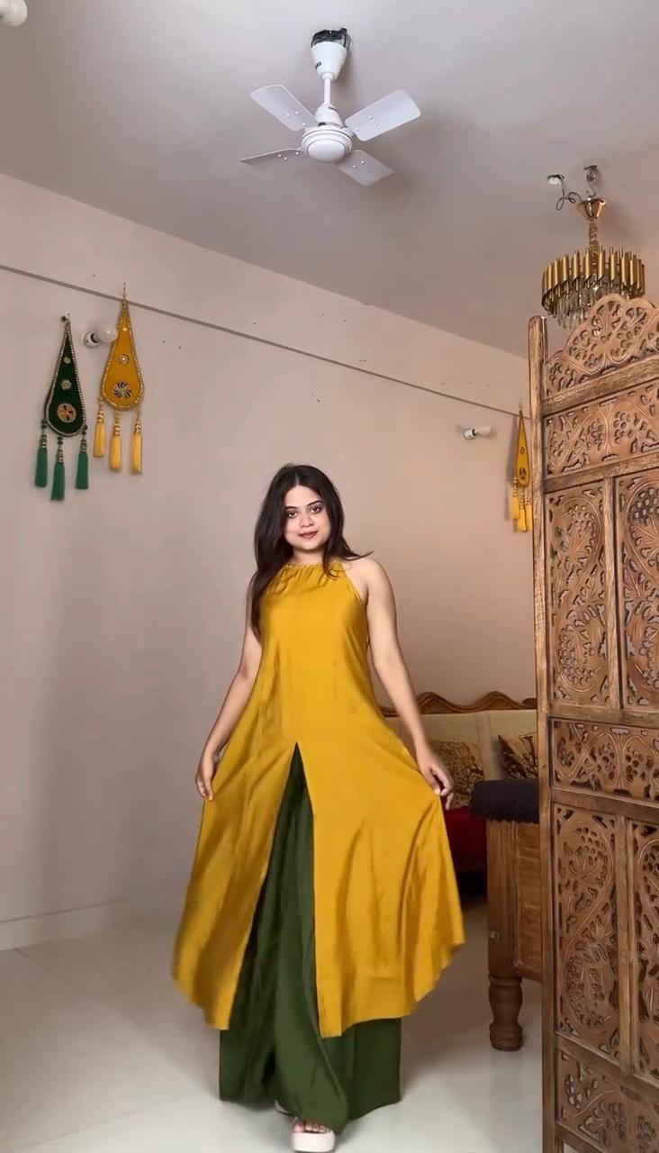 Mustard Green Kurta Set With Palazzos