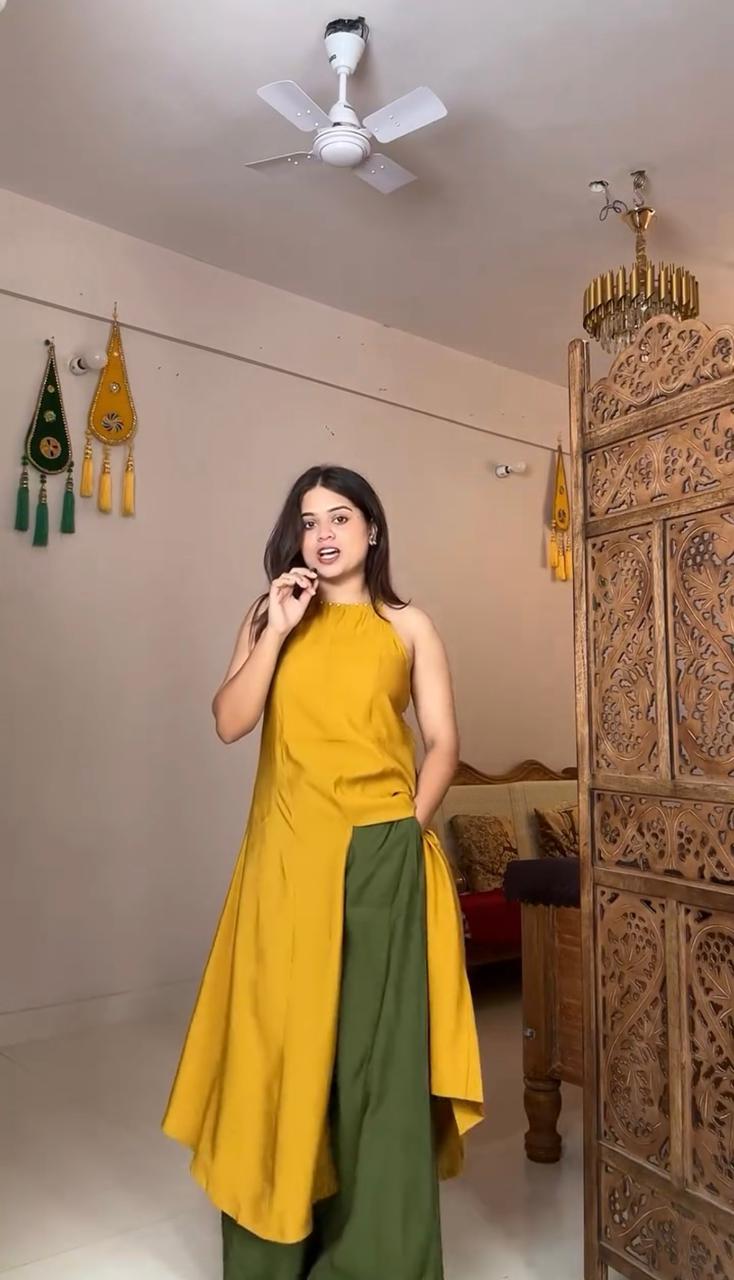Mustard Green Kurta Set With Palazzos