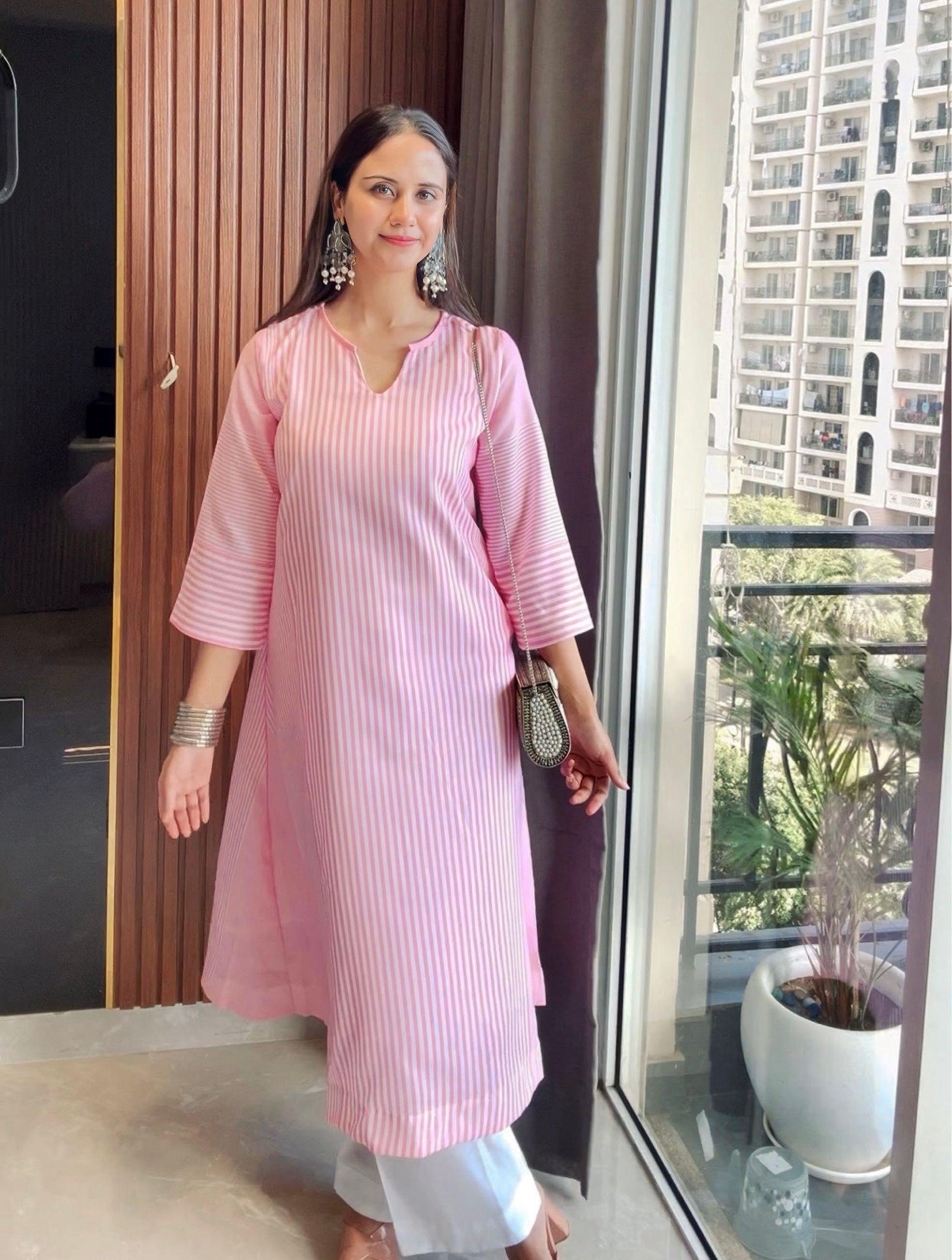 Pastel Pink Striped A-Line Kurta Set