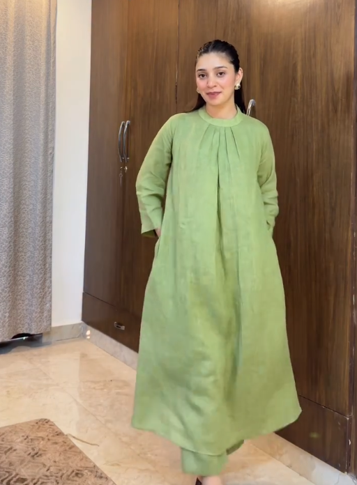Green Flow A-Line Kurta Linen Set