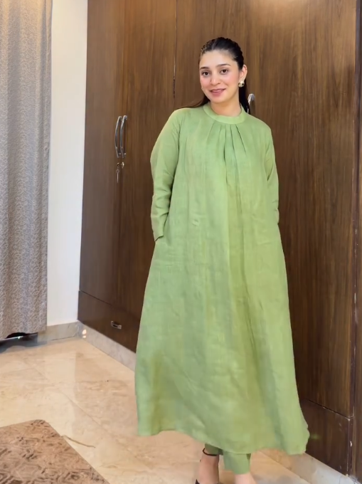 Green Flow A-Line Kurta Linen Set