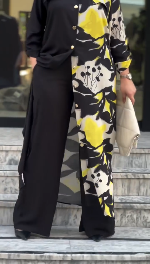 Ziva Black & Yellow Abstract Co-Ord Set