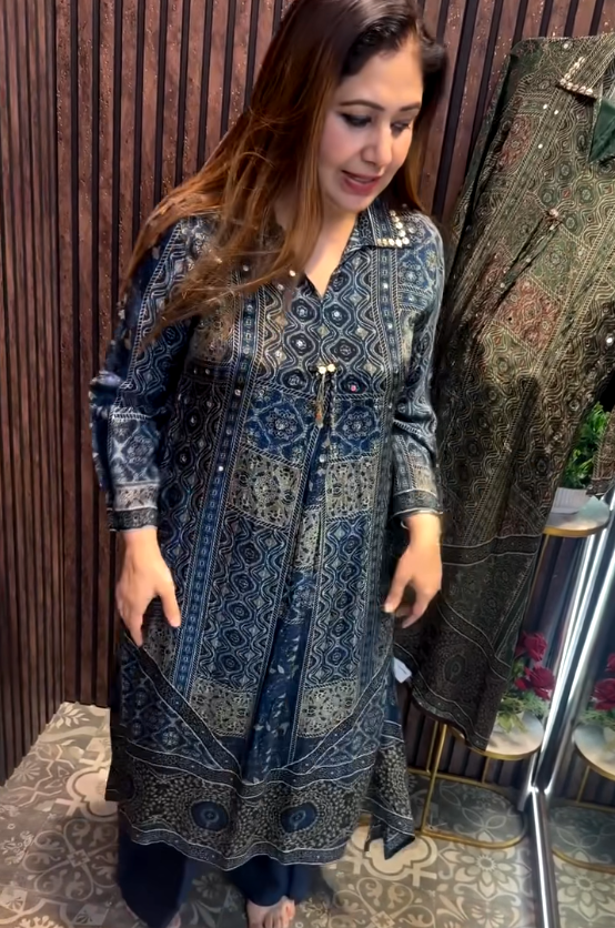 Navy Mirror Ajrak Set – Fyorra