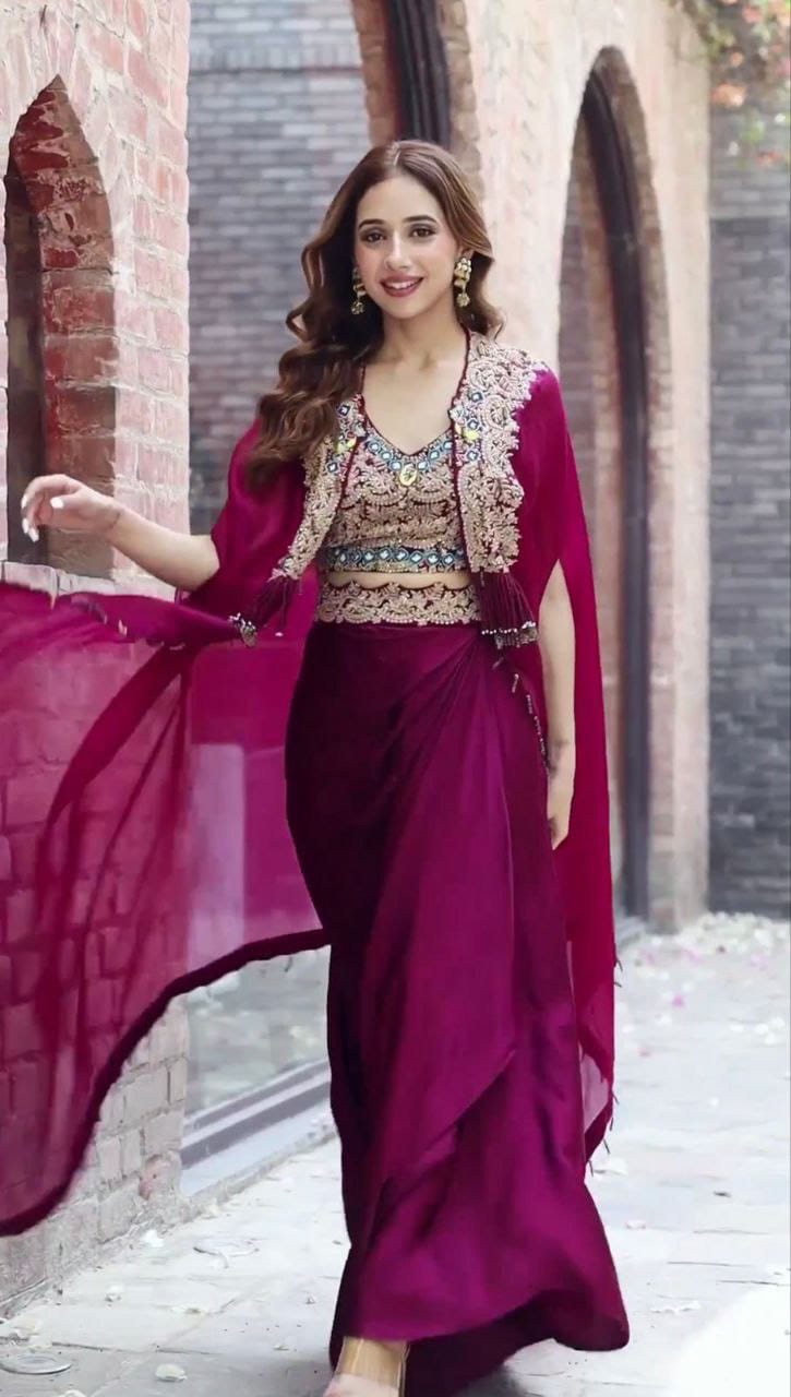 Royal Wine Embroidered Shrug Sarara Set