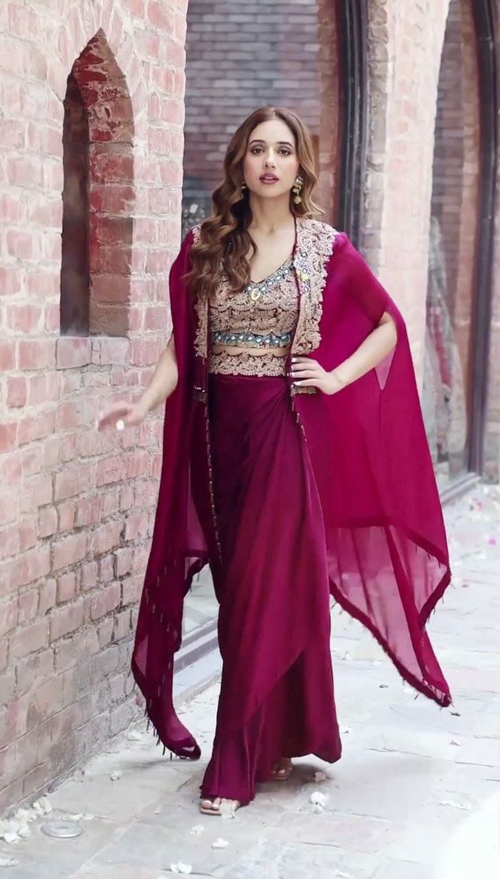 Royal Wine Embroidered Shrug Sarara Set