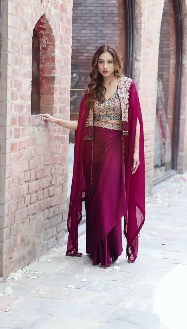 Royal Wine Embroidered Shrug Sarara Set