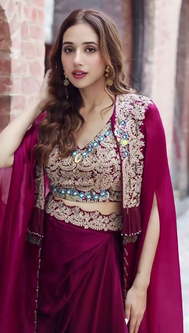 Royal Wine Embroidered Shrug Sarara Set
