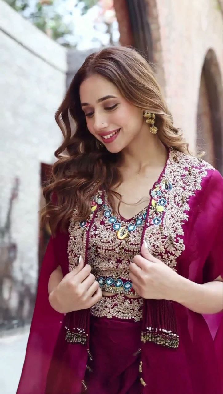 Royal Wine Embroidered Shrug Sarara Set