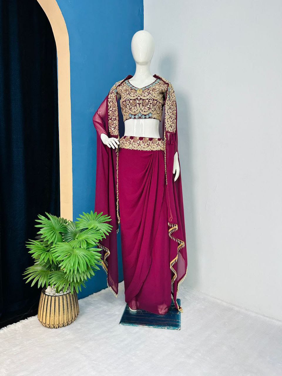 Royal Wine Embroidered Shrug Sarara Set