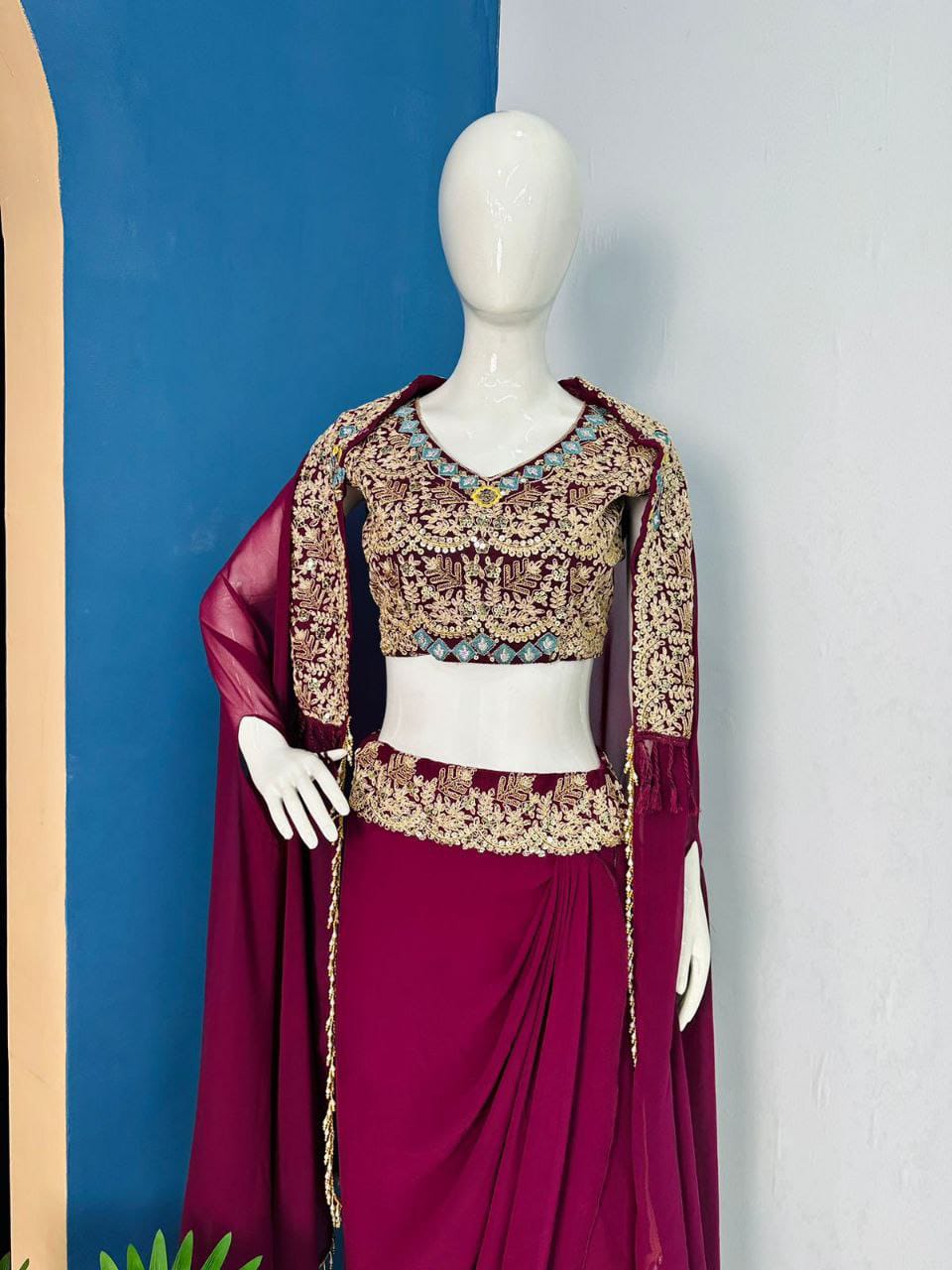Royal Wine Embroidered Shrug Sarara Set