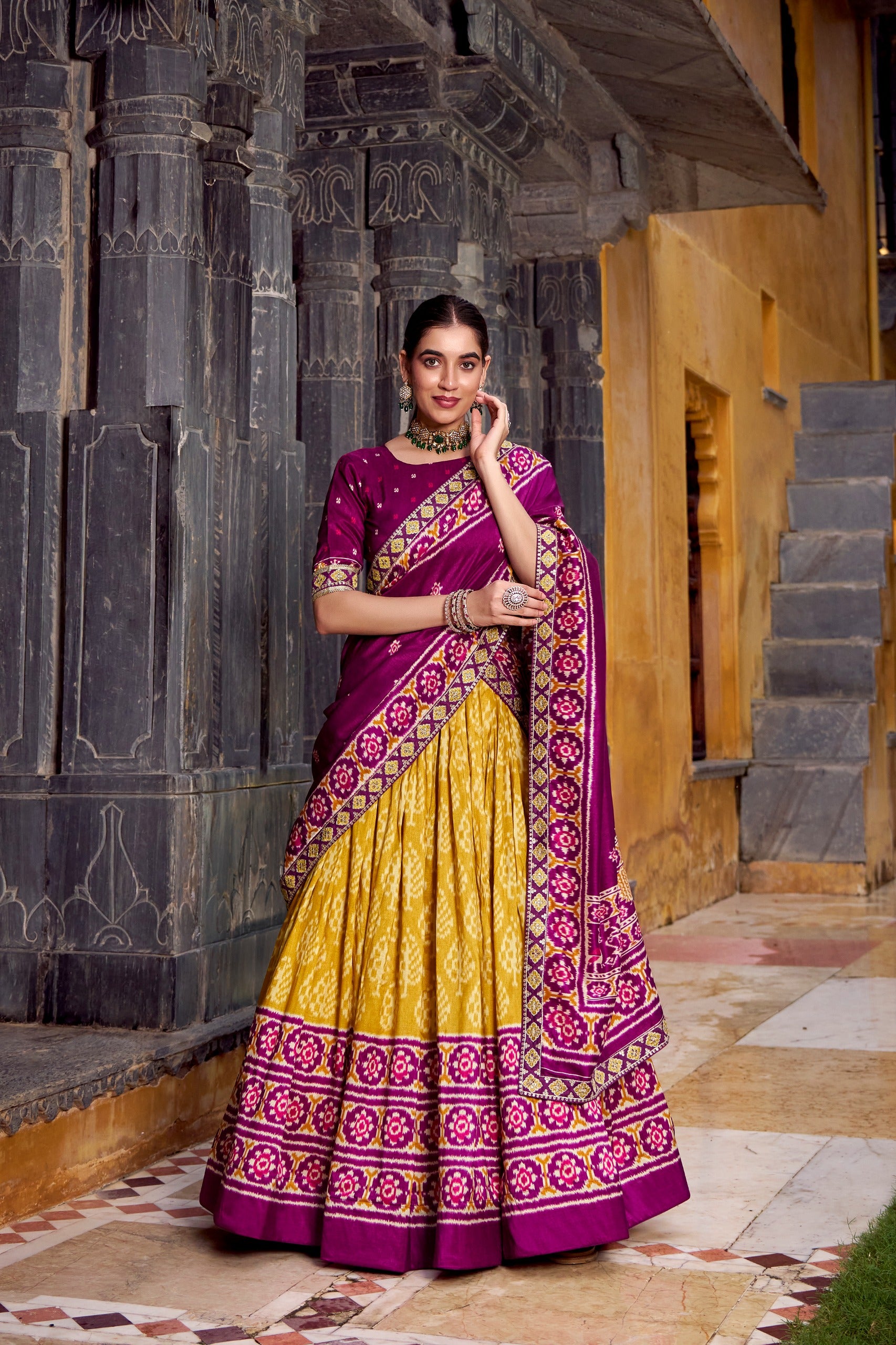 Traditional Patola Ikat Lehenga Choli – Saree Drape Style