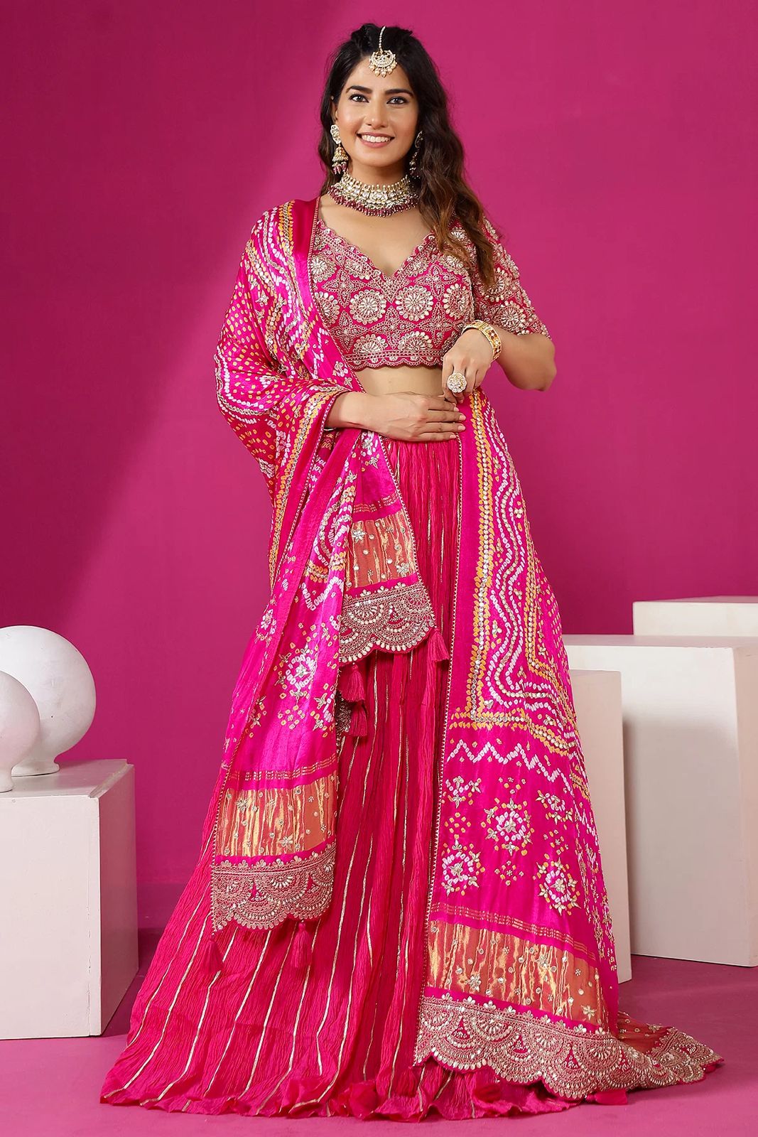Radiant Fuschia Bandhani-Style Lehenga Set