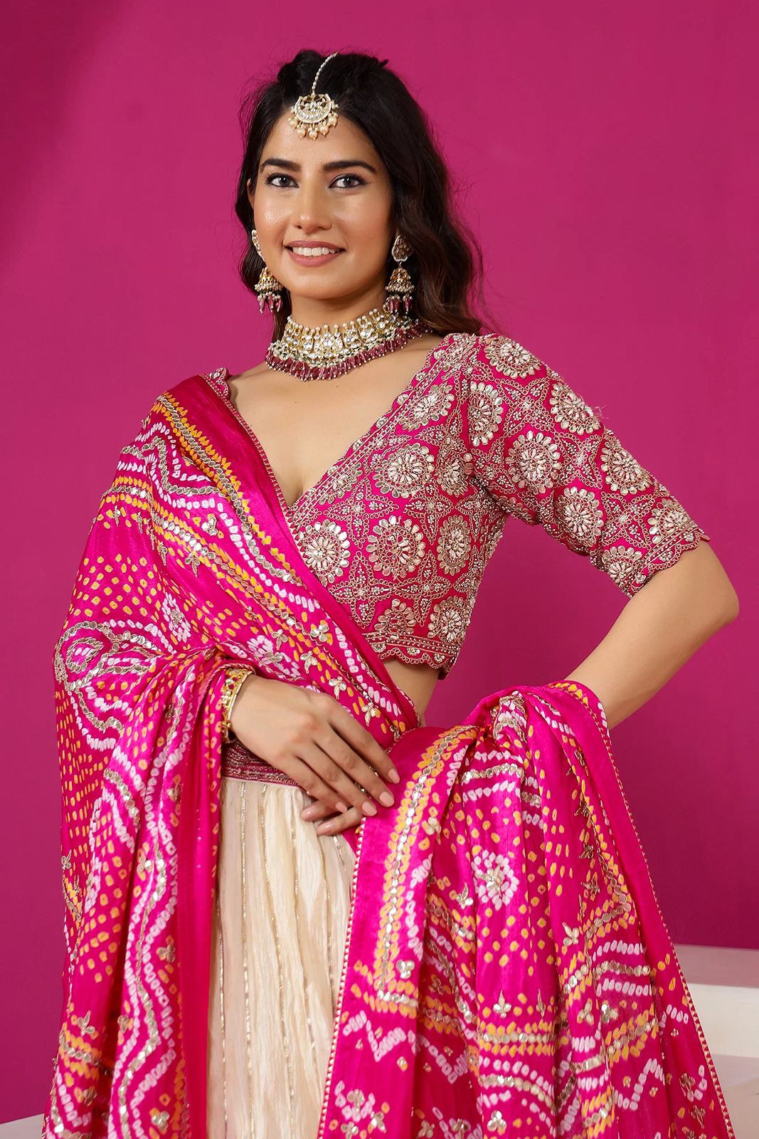 Radiant Fuschia Bandhani-Style Lehenga Set