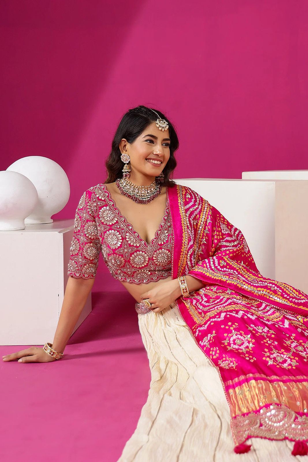 Radiant Fuschia Bandhani-Style Lehenga Set
