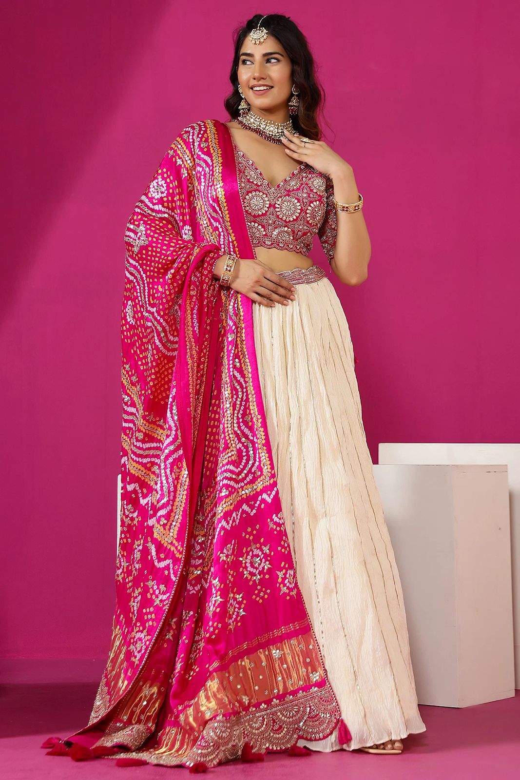 Radiant Fuschia Bandhani-Style Lehenga Set