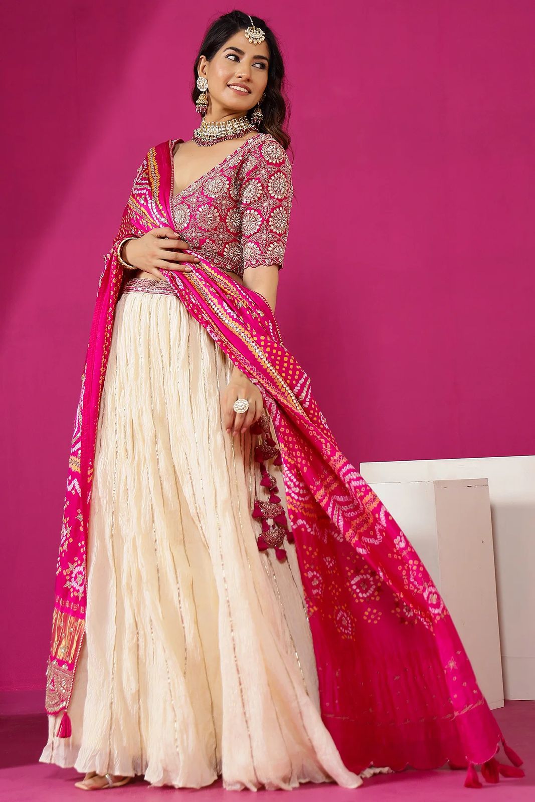 Radiant Fuschia Bandhani-Style Lehenga Set