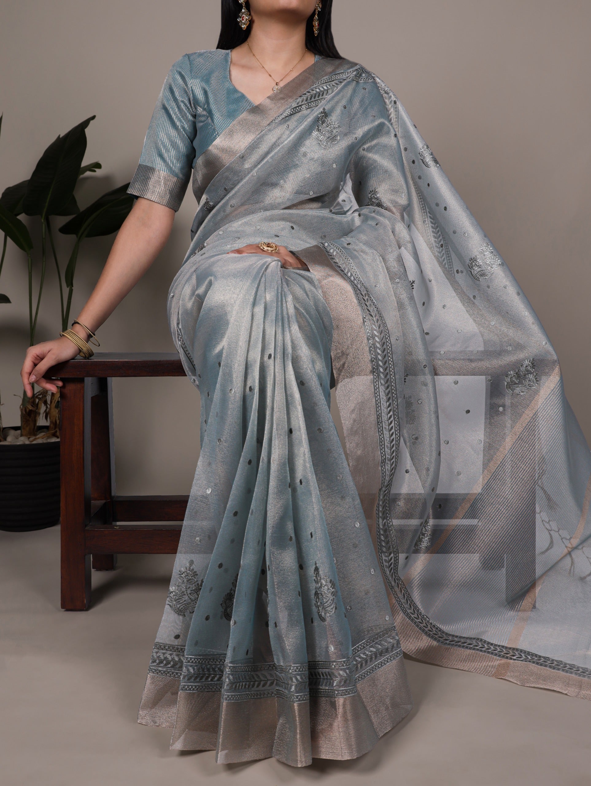 Silver Mist Embroidered Poly Shimmer Saree