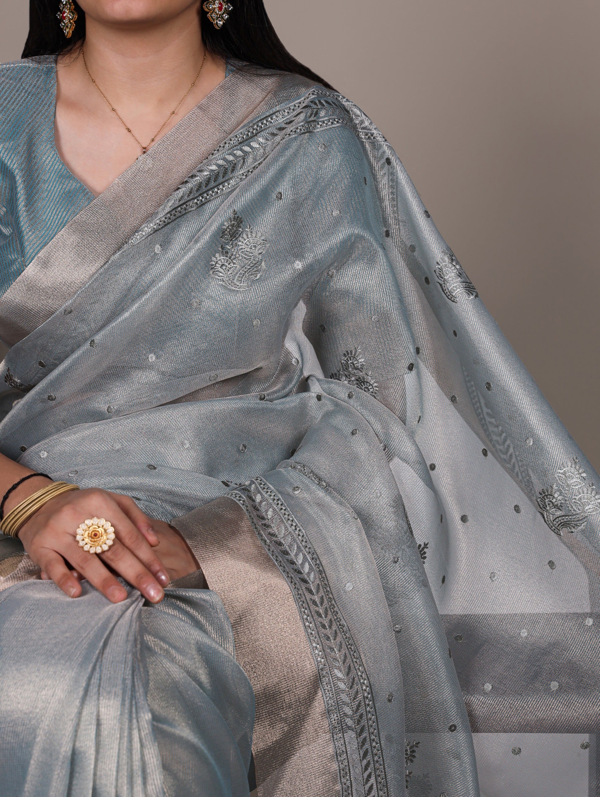 Silver Mist Embroidered Poly Shimmer Saree