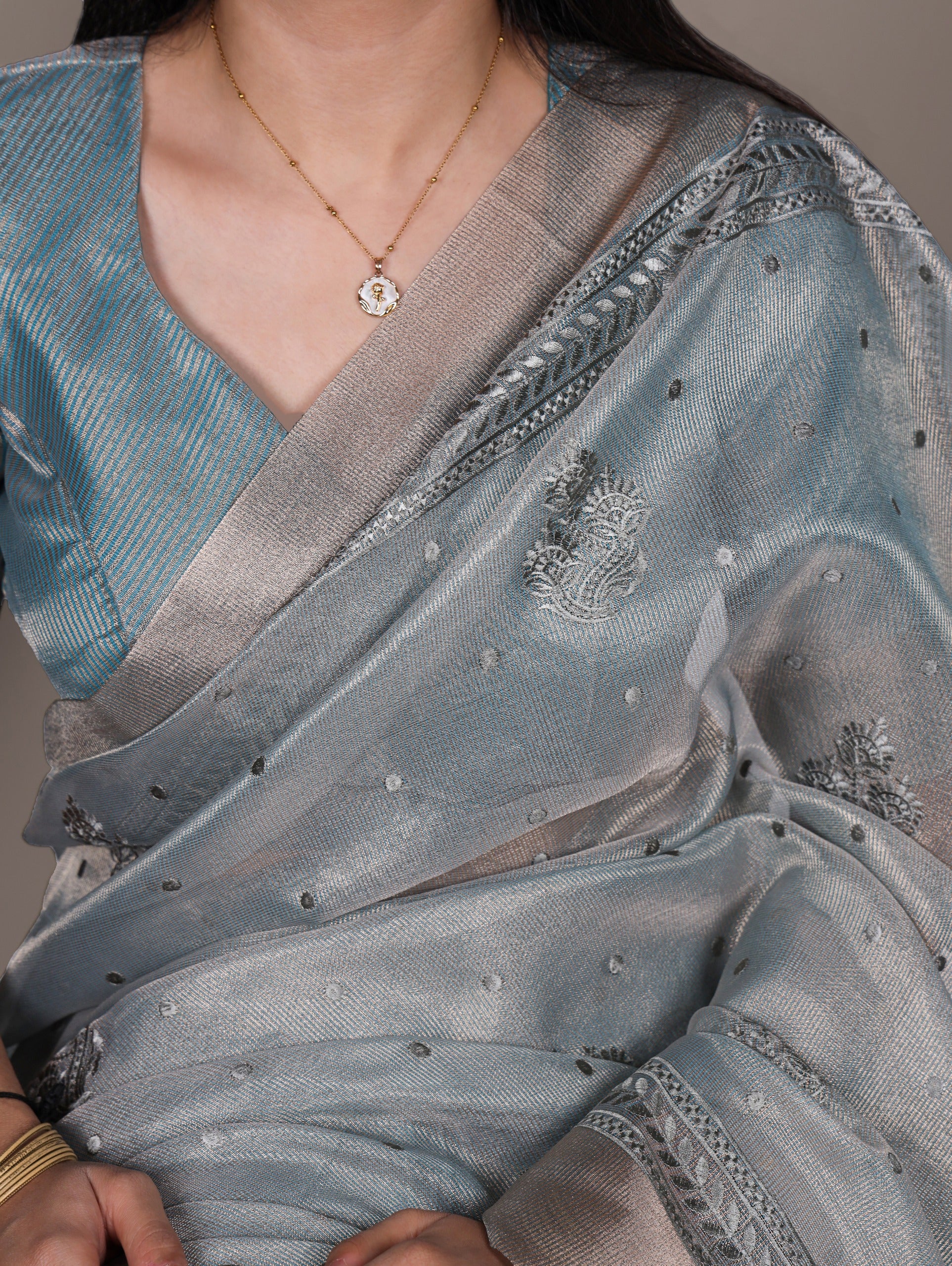 Silver Mist Embroidered Poly Shimmer Saree