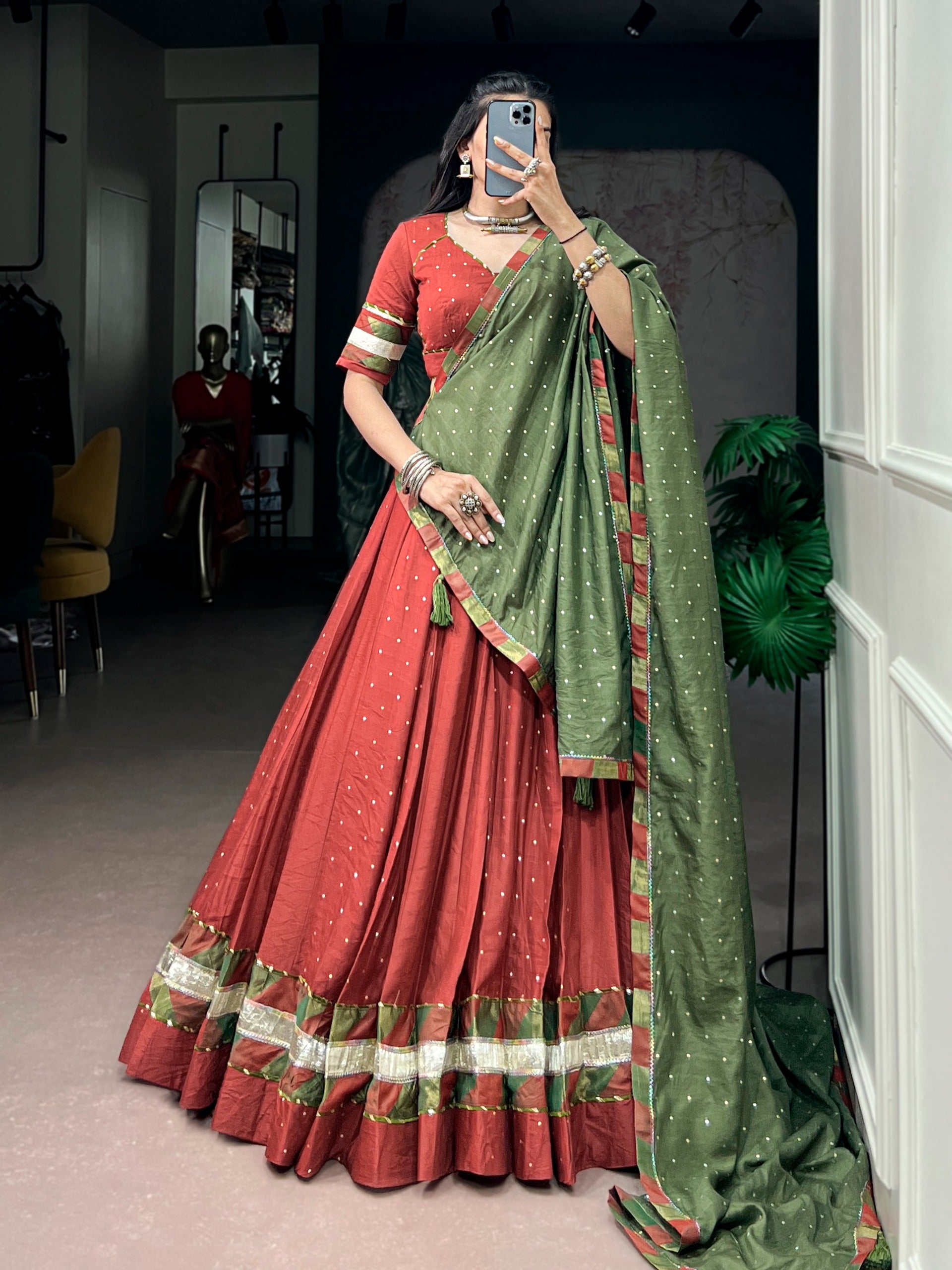 Rust & Olive Heritage Lehenga