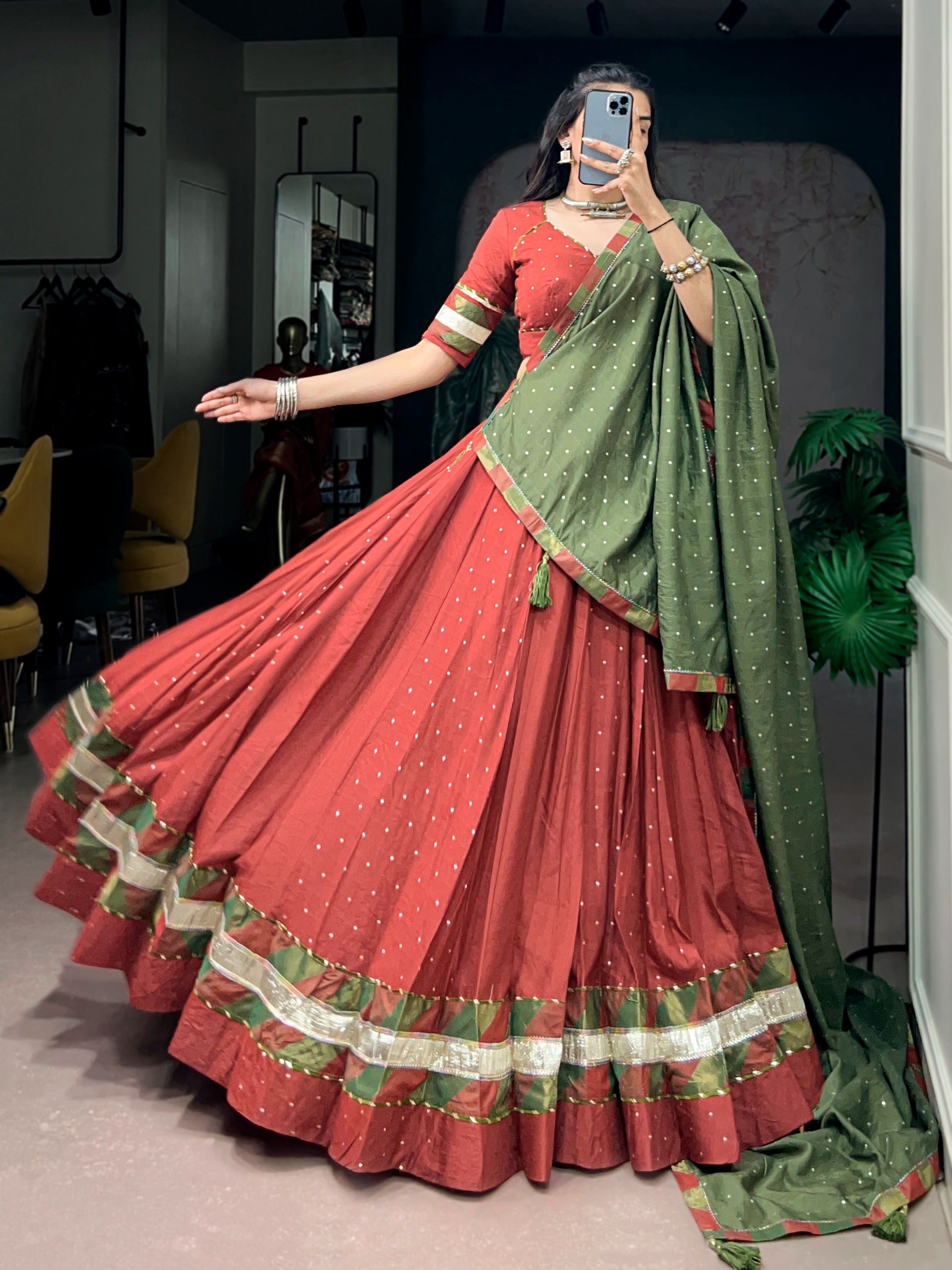 Rust & Olive Heritage Lehenga