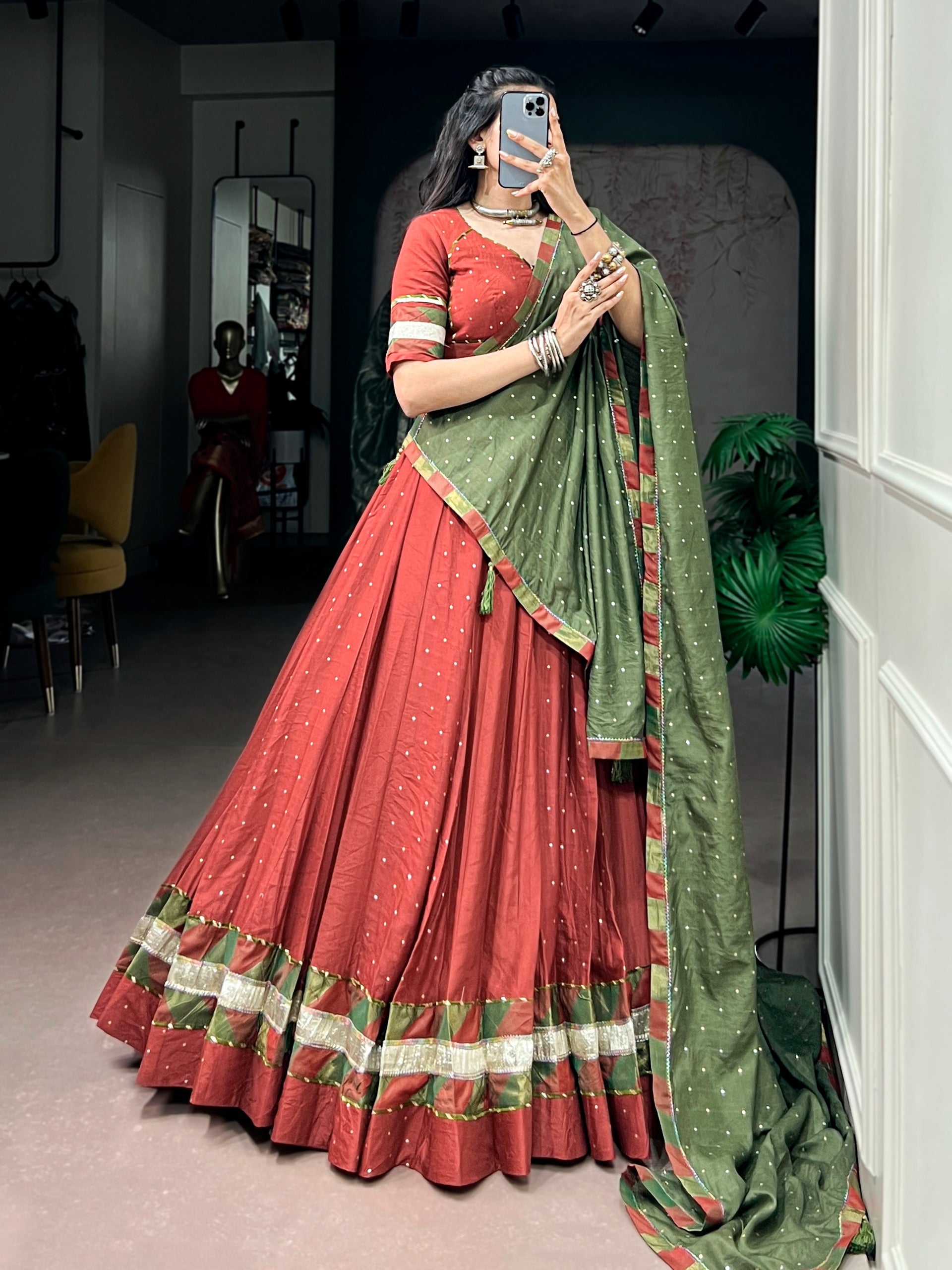 Rust & Olive Heritage Lehenga