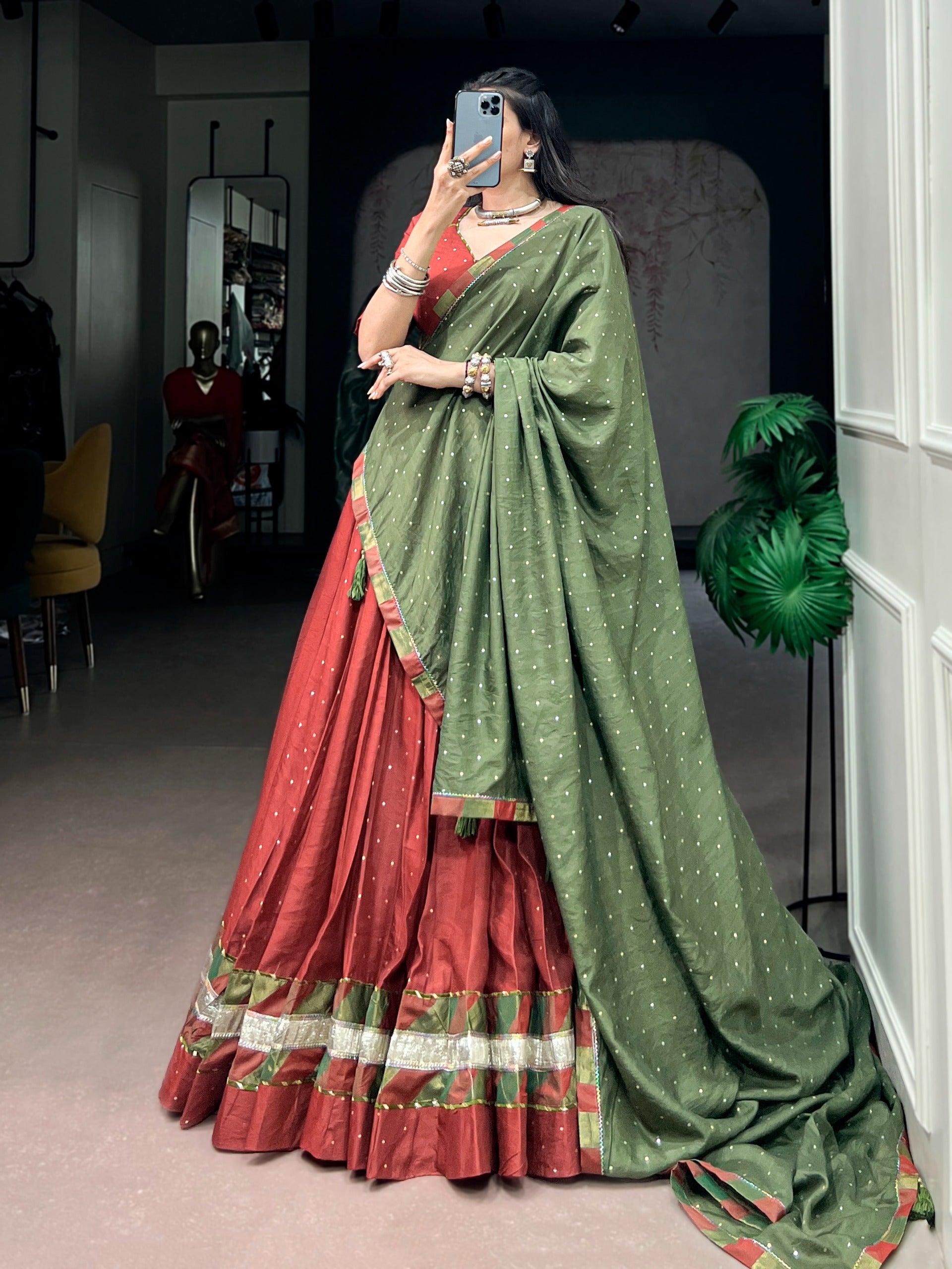 Rust & Olive Heritage Lehenga