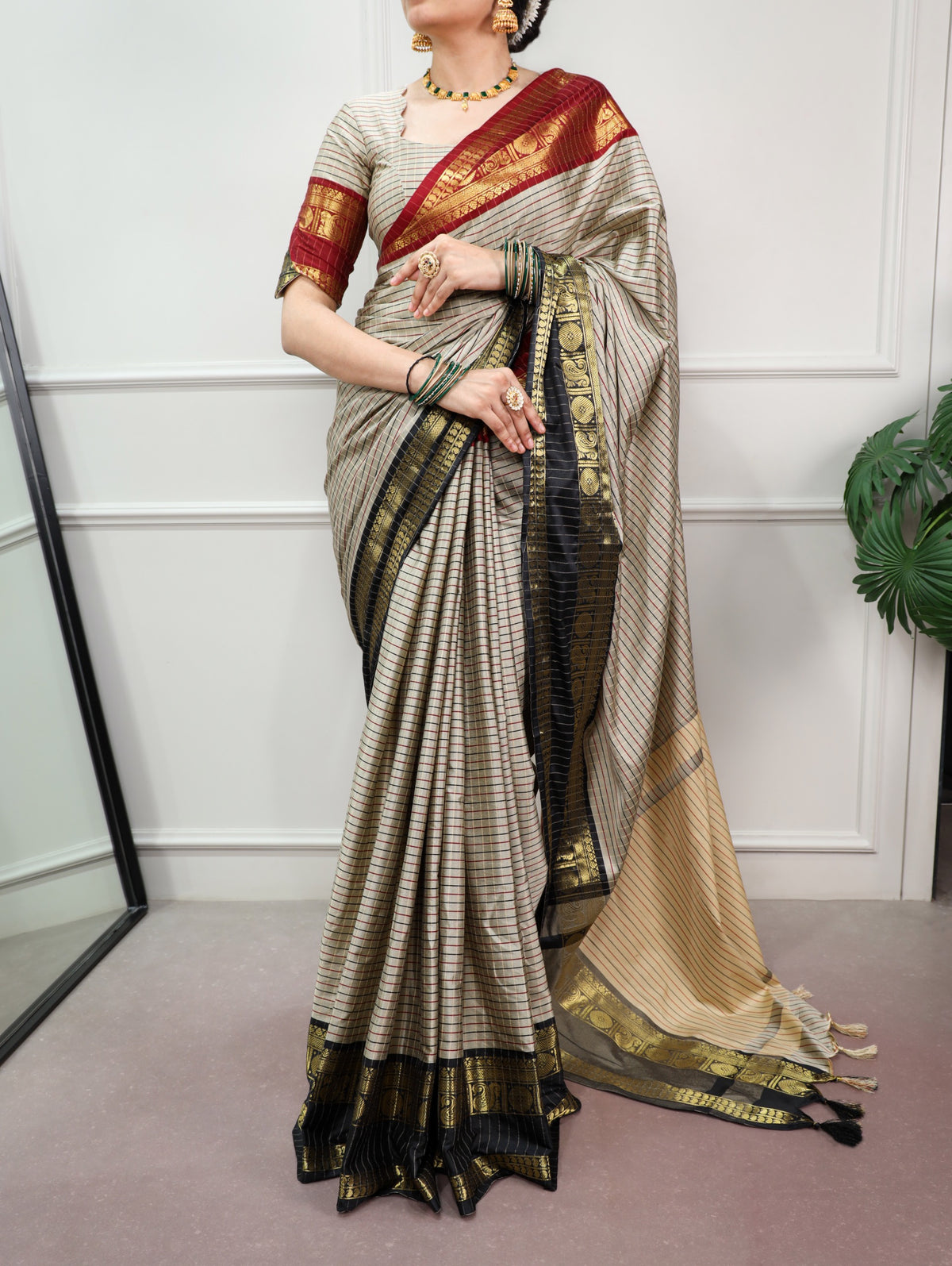 Ivory Checks Silk Saree with Maroon Zari Border