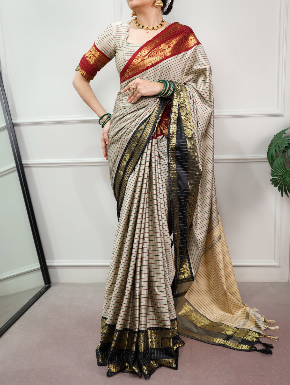 Ivory Checks Silk Saree with Maroon Zari Border