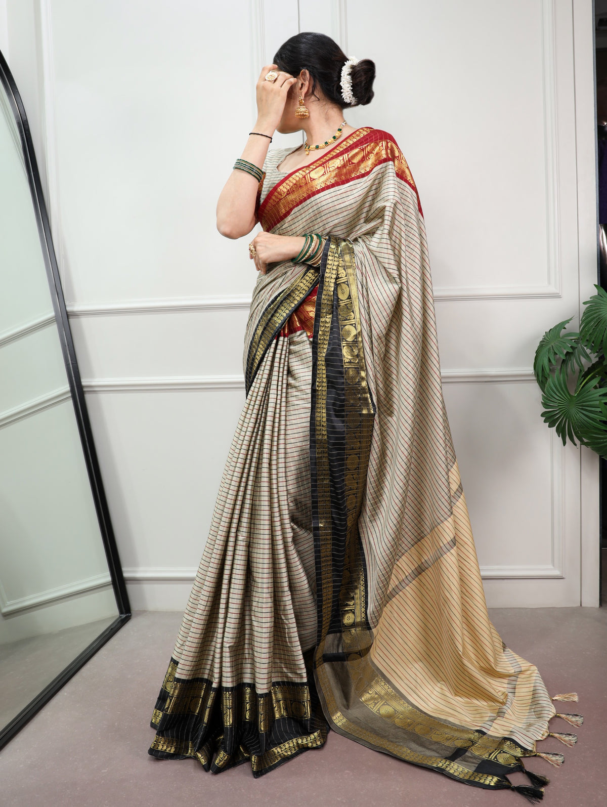 Ivory Checks Silk Saree with Maroon Zari Border