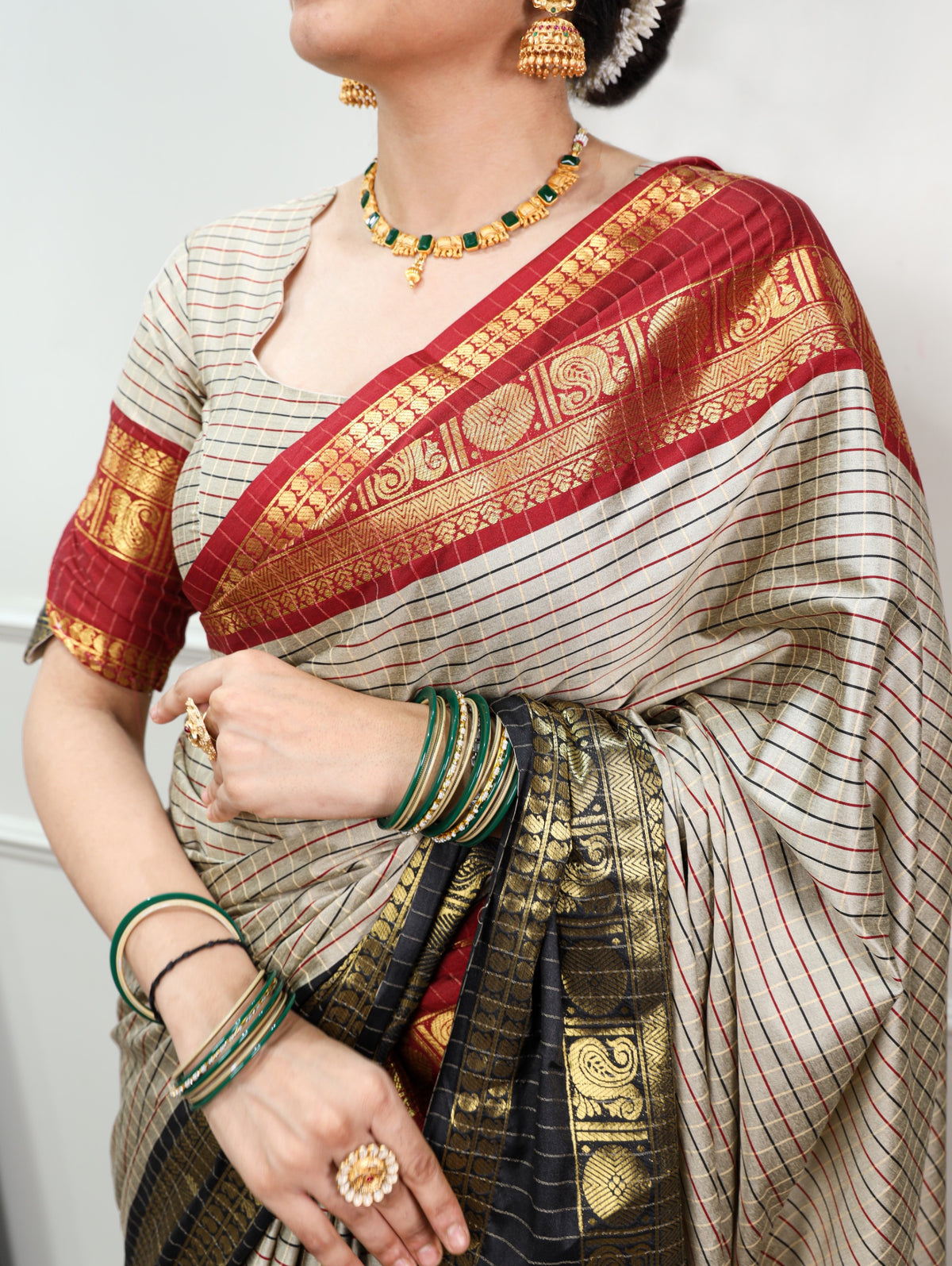 Ivory Checks Silk Saree with Maroon Zari Border