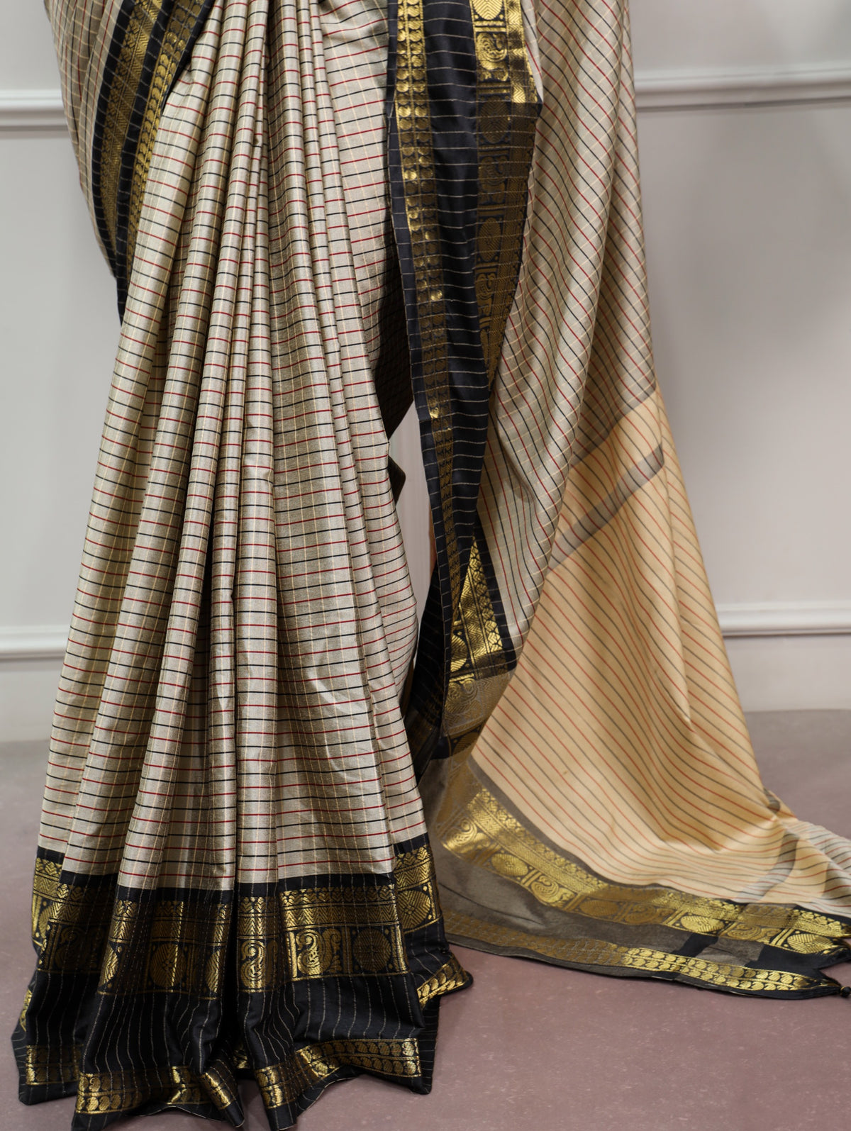 Ivory Checks Silk Saree with Maroon Zari Border
