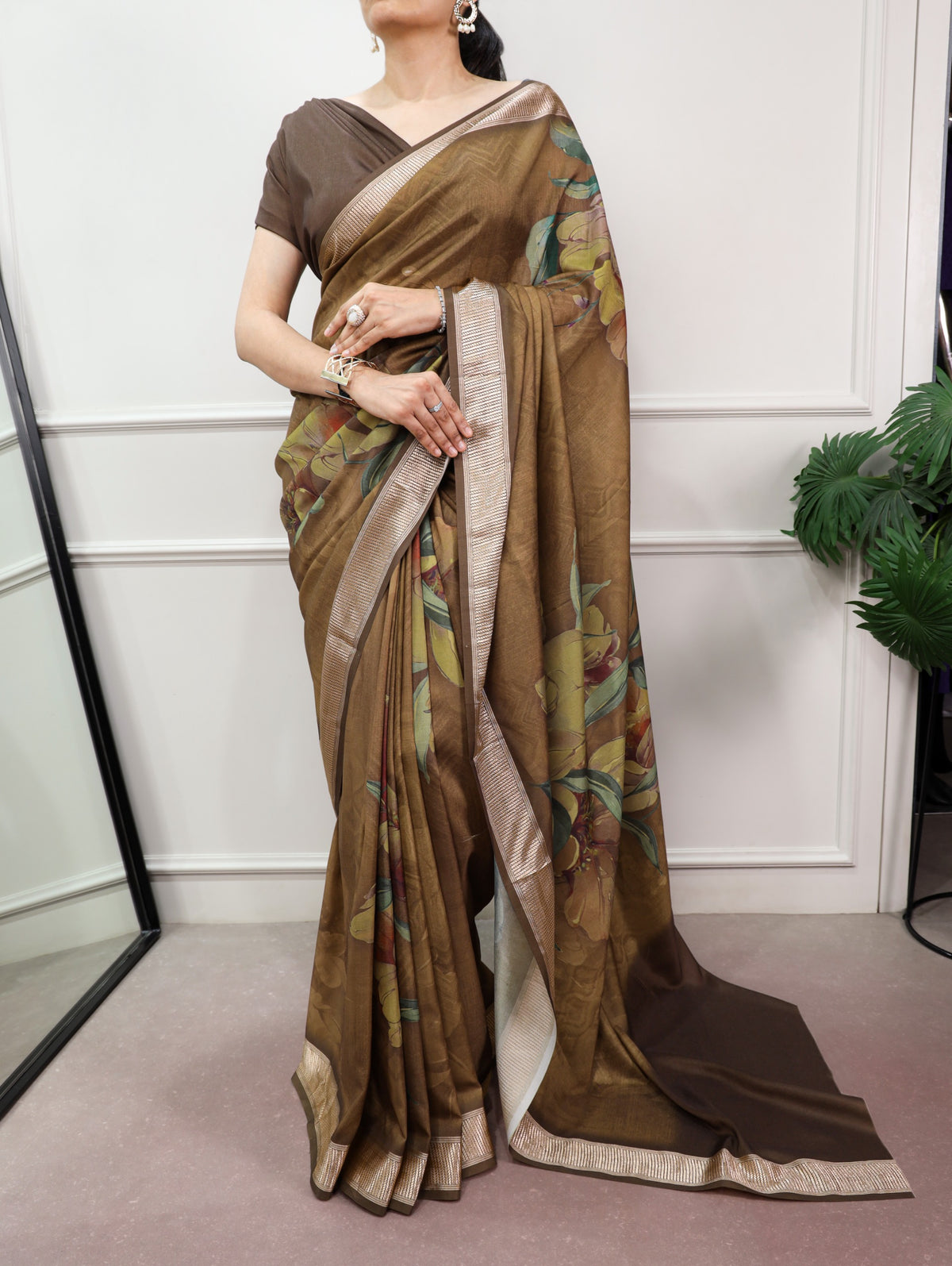 Mocha Bloom Tasar Silk Saree