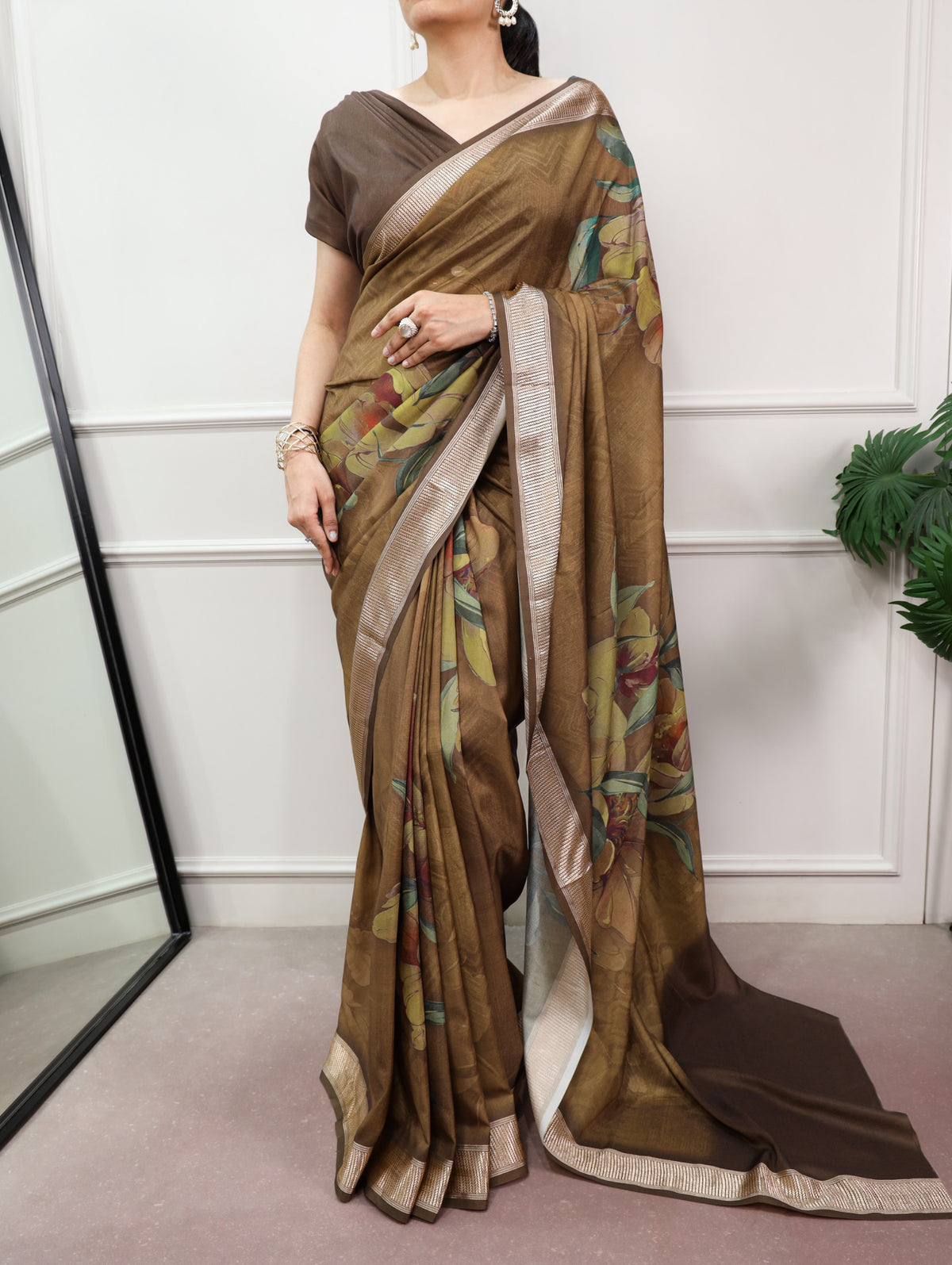 Mocha Bloom Tasar Silk Saree