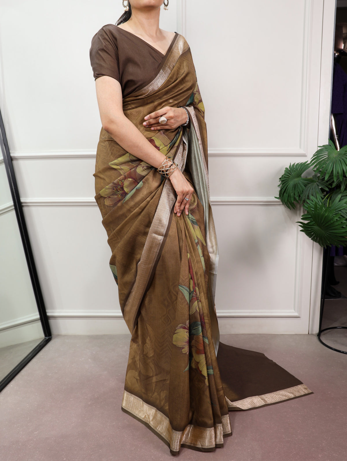Mocha Bloom Tasar Silk Saree